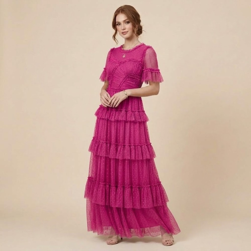 Ivy City Co Whimsical Maxi Dress Fuchsia Pink Tulle Tiered Ruffle Size Small